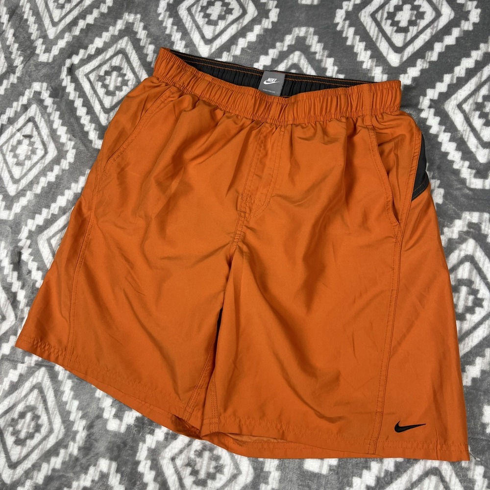 Nike Swim Shorts Mens Medium Orange Green Mesh Liner Elastic Drawstring‎